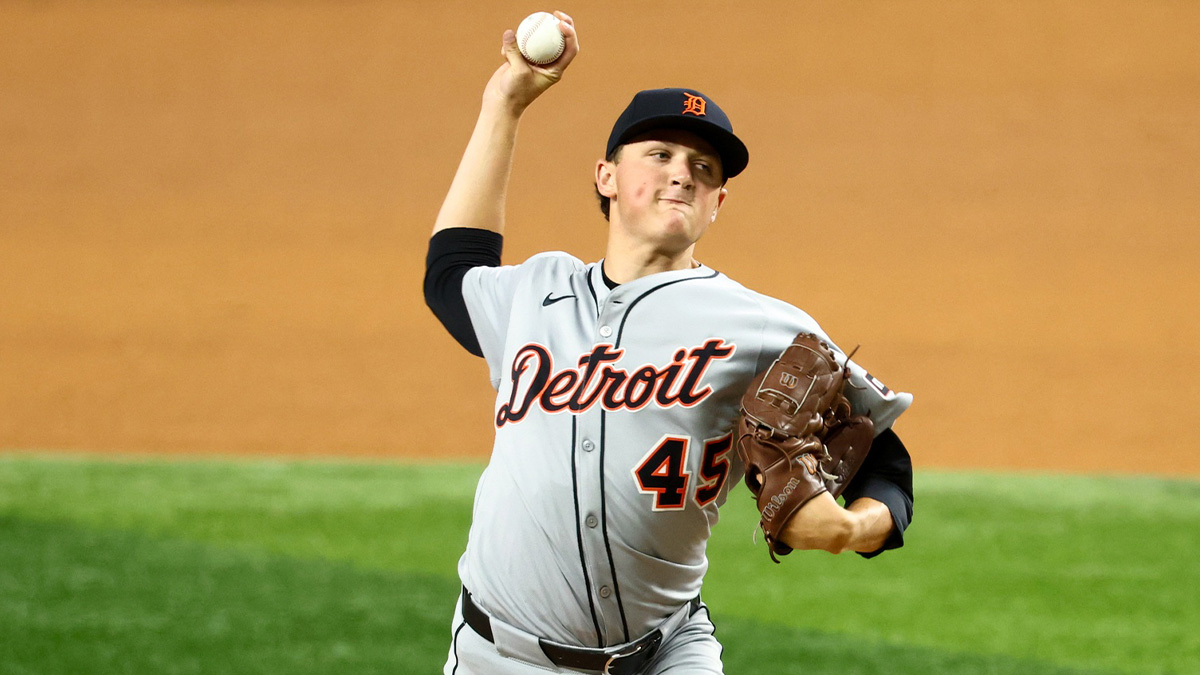 Detroit Tigers starting pitcher Reese Olson (45) throws during the fourth inning against the Texas Rangers at Globe Life Field.