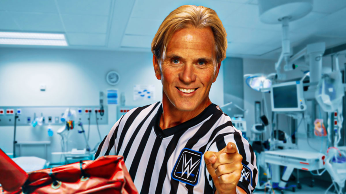 WWE referee Charles Robinson, who suffered an injury during Goldberg's retirement match against Gunther, with hospital background.