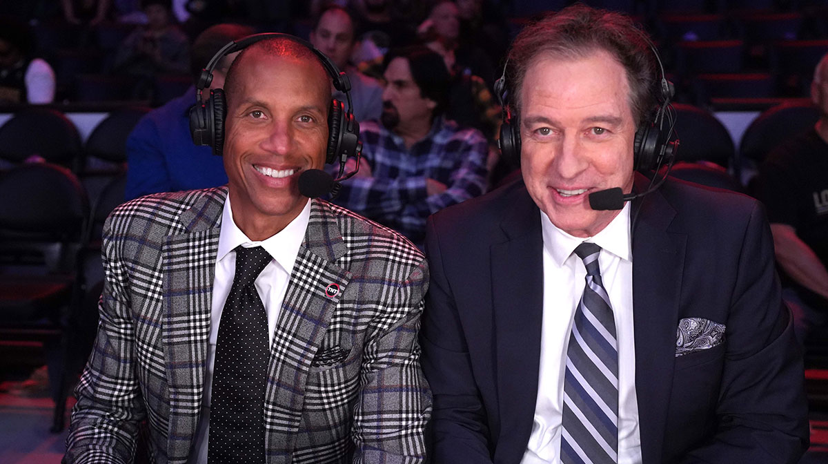 NBA on TNT analyst Reggie Miller (left) and Kevin Harlan during the game between the Boston Celtics and the Los Angeles Lakers at the Crypto.com Arena.