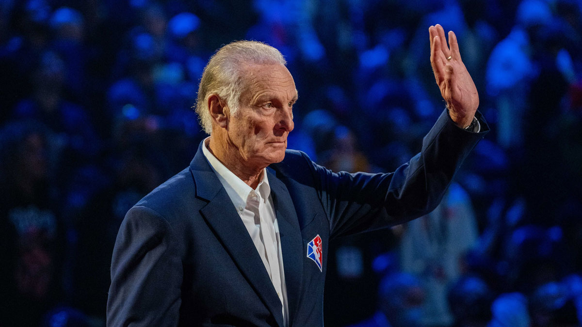 NBA great Rick Barry is honored for being selected to the NBA 75th Anniversary Team during halftime in the 2022 NBA All-Star Game at Rocket Mortgage FieldHouse.