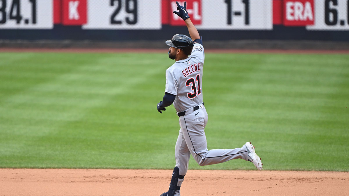Detroit Tigers left fielder Riley Greene (31) celebrates after hitting the second of two three run home runs against the Washington Nationals during the fourth inning at Nationals Park.