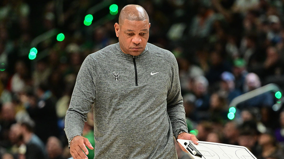 Milwaukee Bucks head coach Doc Rivers call a timeout in the fourth quarter against the Indiana Pacers during game four of first round for the 2024 NBA Playoffs at Fiserv Forum.
