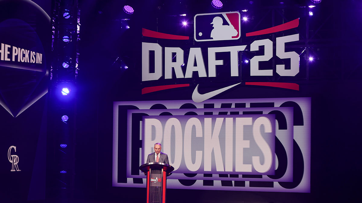 MLB Commissioner Rob Manfred announces the Colorado Rockies pick during the MLB Draft at The Coca-Cola Roxy.