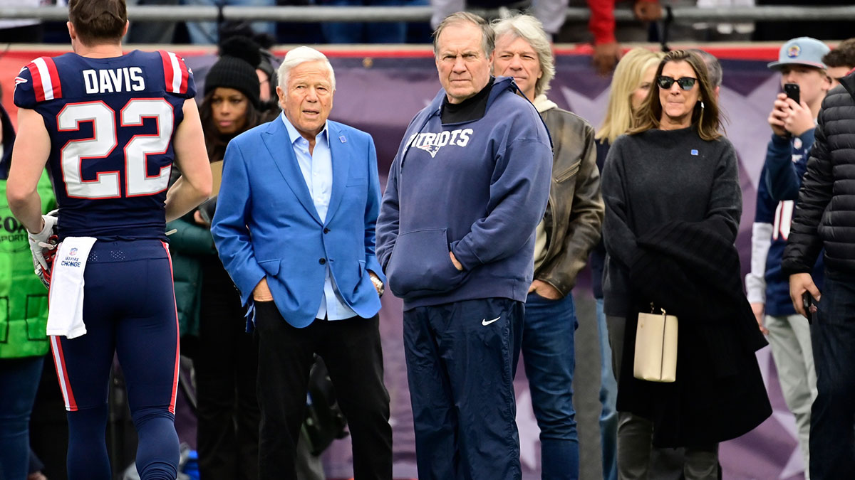 New England Patriots head coach Bill Belichick and Patriots owner Robert Kraft watch the field during the warm-up period before a game against the Kansas City Chiefs at Gillette Stadium.
