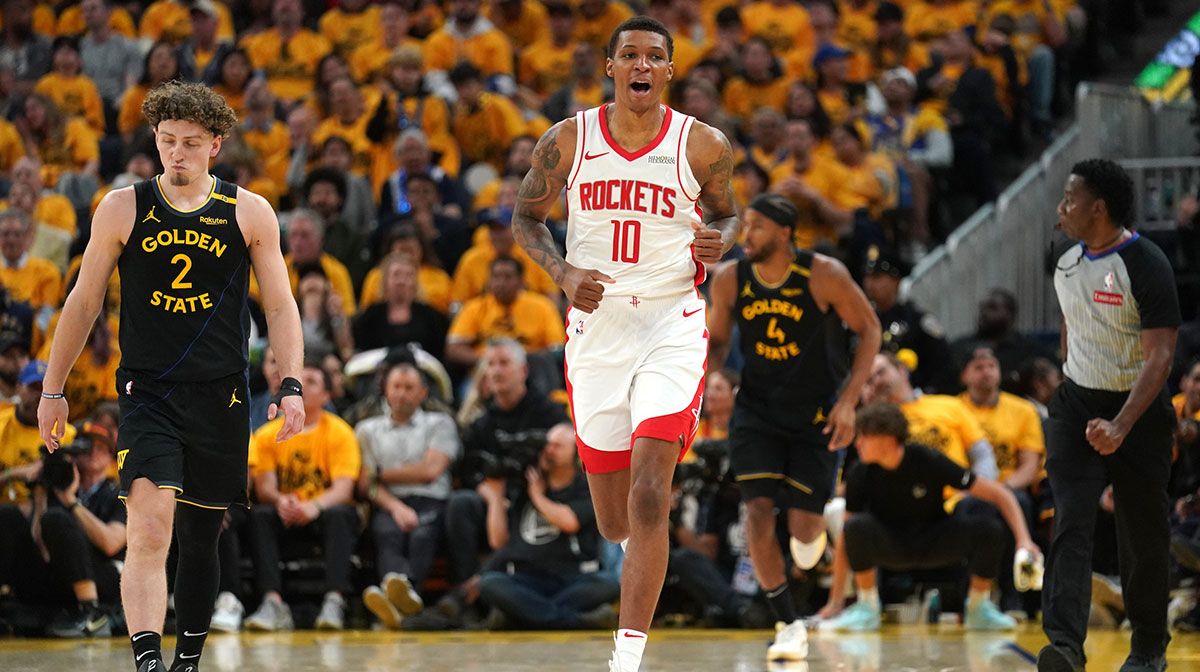 Houston Rockets forward Jabari Smith Jr. (10) reacts after making a three-point basket against the Golden State Warriors in the third quarter of game six of the first round for the 2025 NBA Playoffs at Chase Center. Jabari Smith Jr. secured a contract extension with the Rockets in NBA Free Agency.