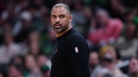Houston Rockets head coach Ime Udoka watches from the sideline as they take on the Boston Celtics at TD Garden.