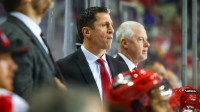Carolina Hurricanes head coach Rod Brind'Amour on his bench against the Calgary Flames during the third period at Scotiabank Saddledome.