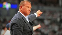 Minnesota Timberwolves co-owner Alex Rodriguez reacts against the Oklahoma City Thunder during the first half in game three of the western conference finals for the 2025 NBA Playoffs at Target Center.