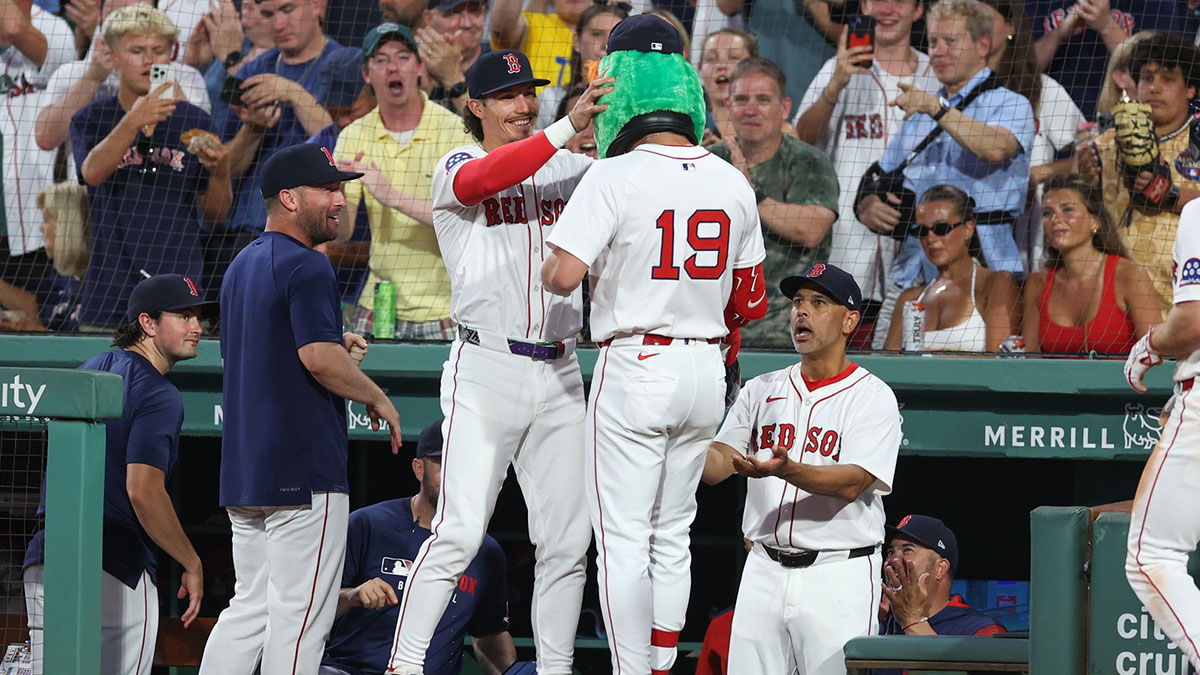 Boston Red Sox designated hitter Roman Anthony (19) celebrates with Boston Red Sox left fielder Jarren Duran (16) after hitting a two run home run during the fifth inning against the Colorado Rockies at Fenway Park.