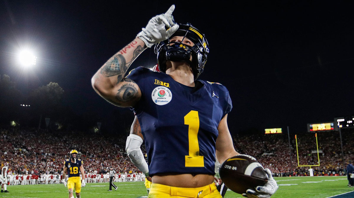 Michigan wide receiver Roman Wilson celebrates a touchdown against Alabama during the second half.