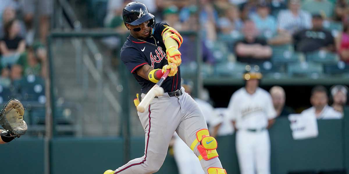 Jul 9, 2025; West Sacramento, California, USA; Atlanta Braves right fielder Ronald Acuna Jr. (13) hits a home run against the Athletics in the fourth inning at Sutter Health Park.