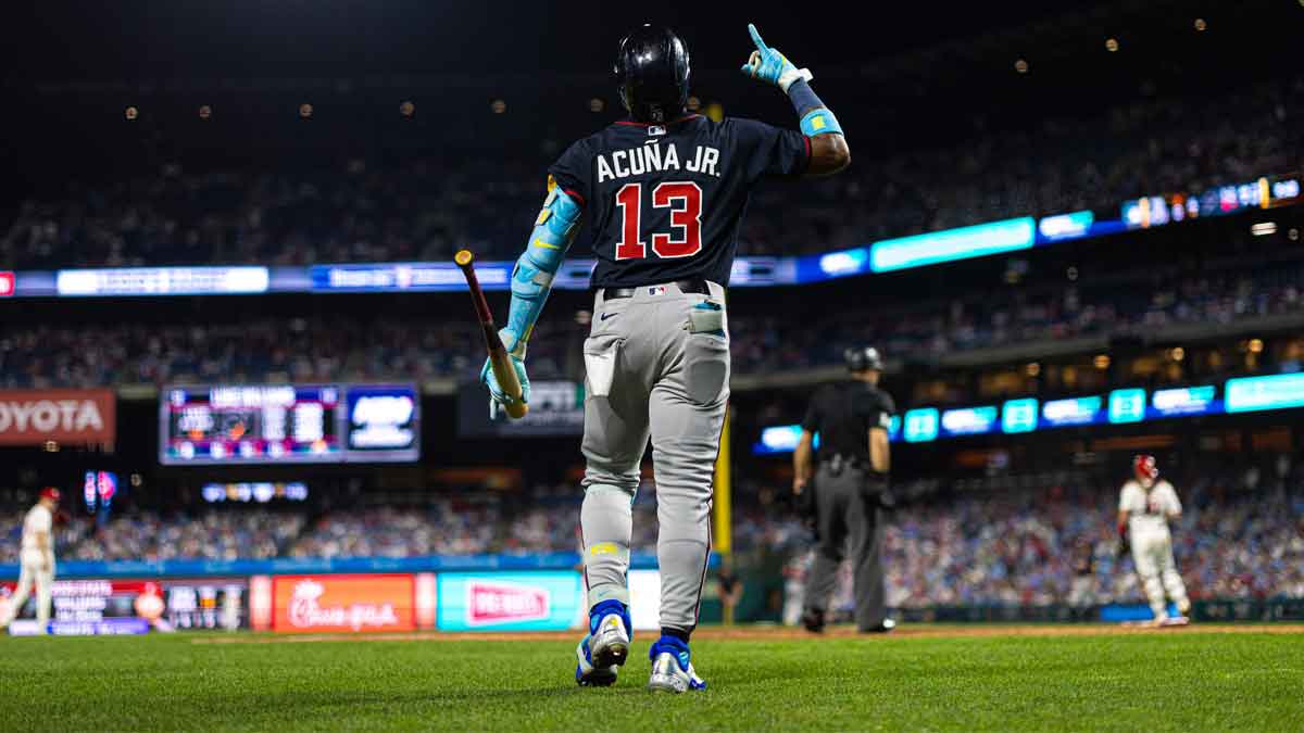 Atlanta Braves outfielder Ronald Acuña Jr. (13) walks to the plate to bat during the eighth inning against the Philadelphia Phillies at Citizens Bank Park.