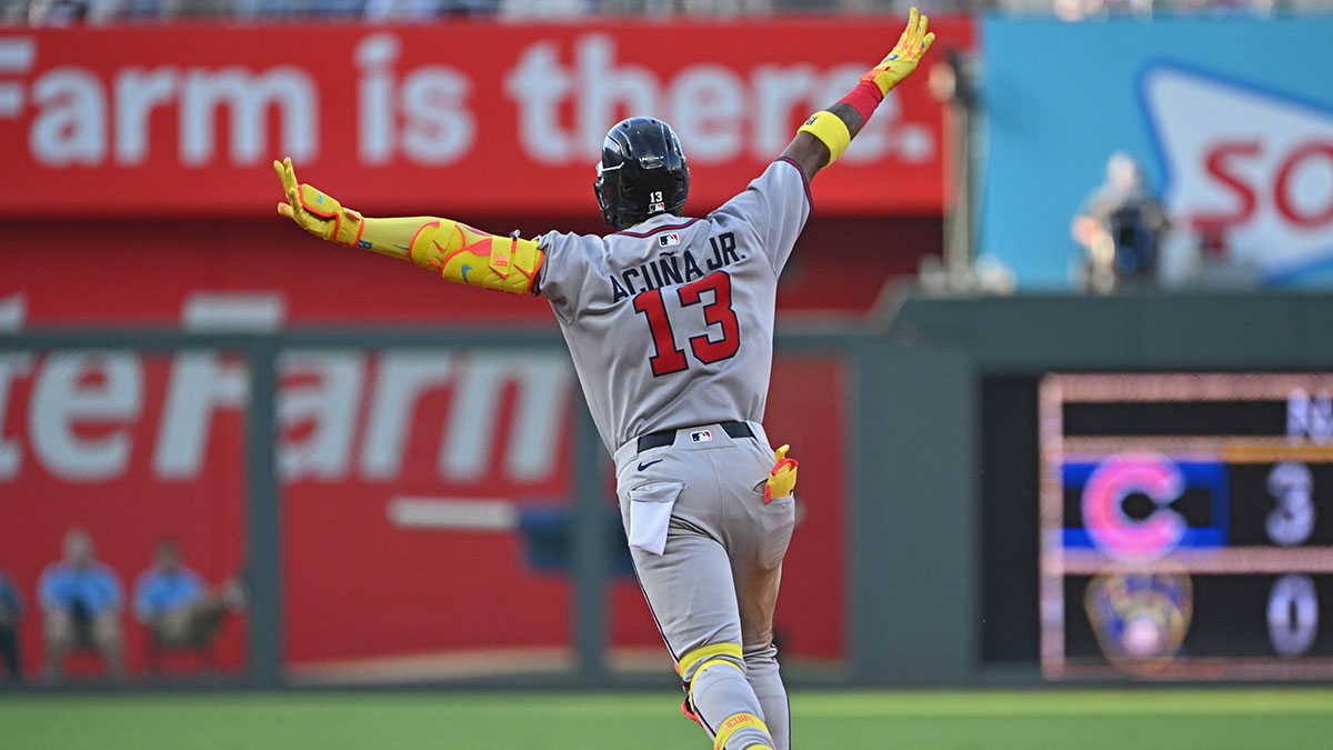 Atlanta Braves right fielder Ronald Acuna Jr. (13) runs the bases after hitting a two-run home run in the third inning against the Kansas City Royals at Kauffman Stadium.