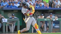 Jul 28, 2025; Kansas City, Missouri, USA; Atlanta Braves right fielder Ronald Acuna Jr. (13) hits a two-run home run in the third inning against the Kansas City Royals at Kauffman Stadium.