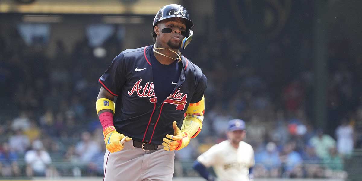 Atlanta Braves outfielder Ronald Acuna Jr. (13) rounds the bases after hitting a home run against the Milwaukee Brewers in the fourth inning at American Family Field.