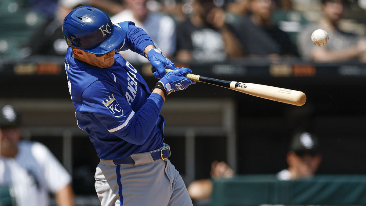 Kansas City Royals outfielder Mark Canha (21) singles against the Chicago White Sox during the seventh inning at Rate Field.