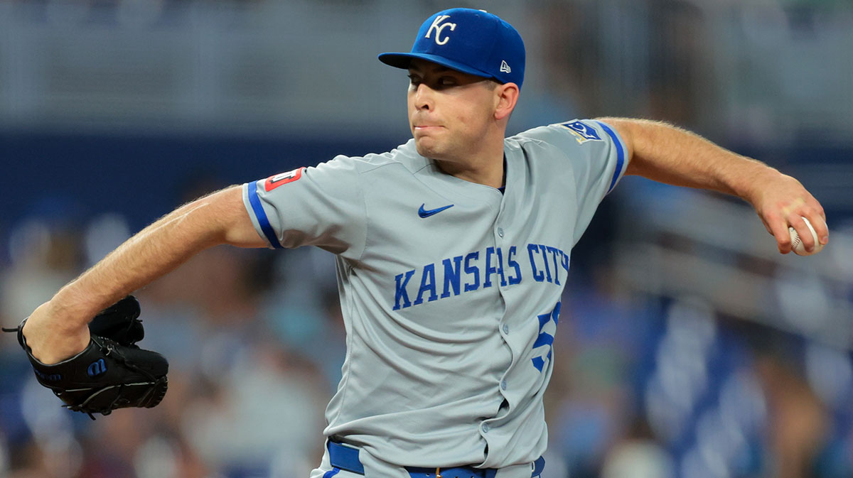 Kansas City Royals starting pitcher Kris Bubic (50) delivers a pitch against the Miami Marlins during the first inning at loanDepot Park.