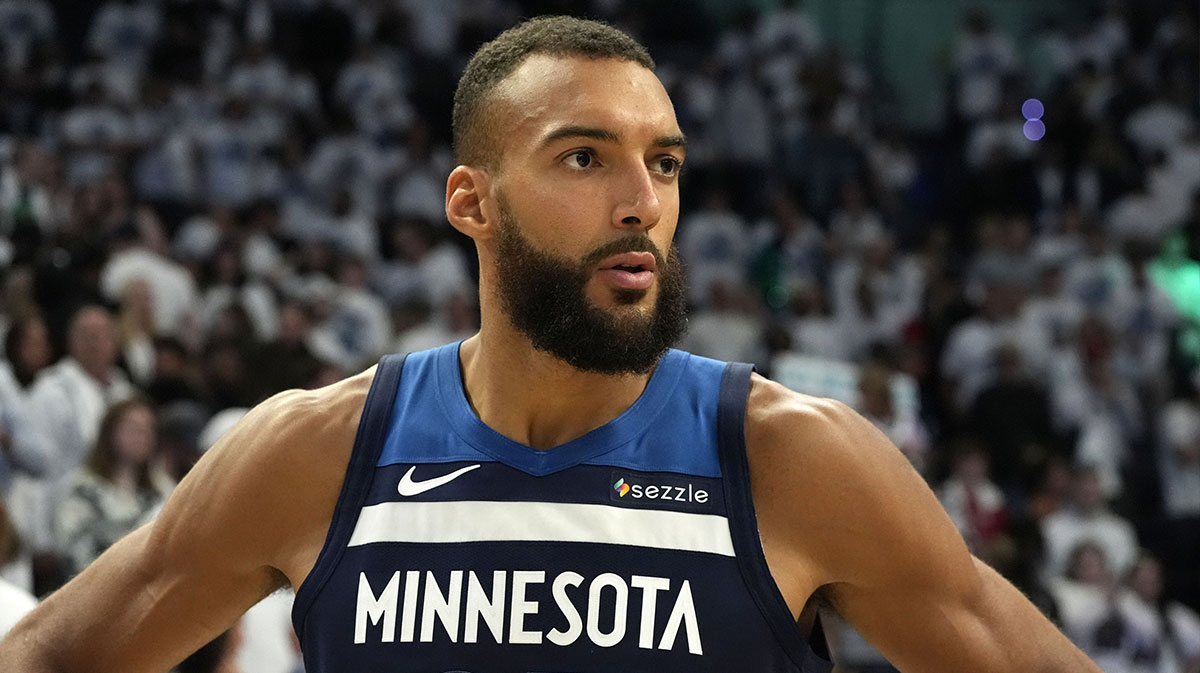 Minnesota Timberwolves center Rudy Gobert (27) reacts after the game against the Oklahoma City Thunder in game three of the western conference finals for the 2025 NBA Playoffs at Target Center.