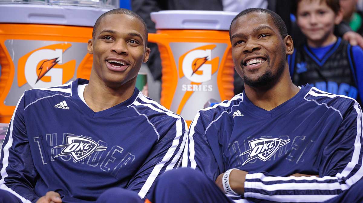 Oklahoma City Thunder small forward Kevin Durant (right) and point guard Russell Westbrook (left) before the game against the Dallas Mavericks at the American Airlines Center. The Thunder defeated the Mavericks in overtime 117-114.