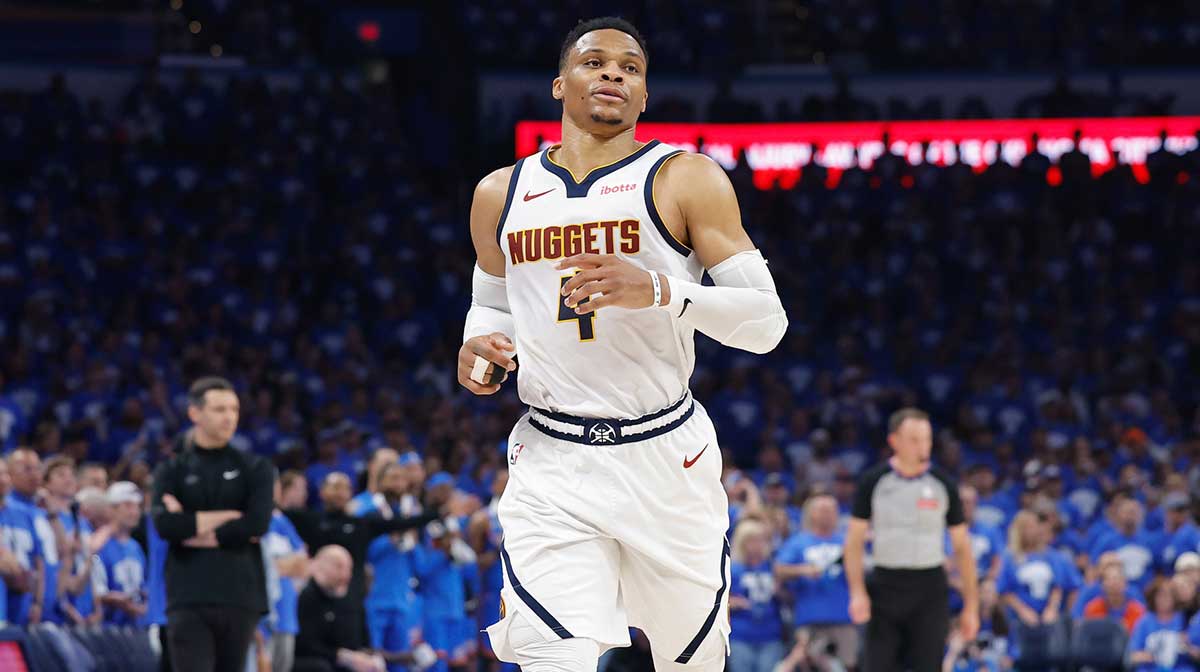 Denver Nuggets guard Russell Westbrook (4) runs down the court against the Oklahoma City Thunder in the second quarter during game seven of the second round for the 2025 NBA Playoffs at Paycom Center.
