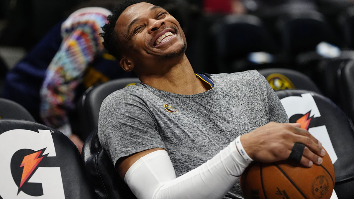 Denver Nuggets guard Russell Westbrook (4) reacts before the game against the Washington Wizards at Ball Arena.