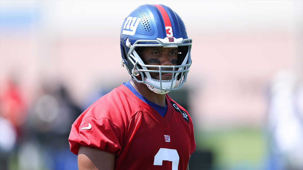 New York Giants quarterback Russell Wilson (3) on the field during training camp at Quest Diagnostics Training Center.