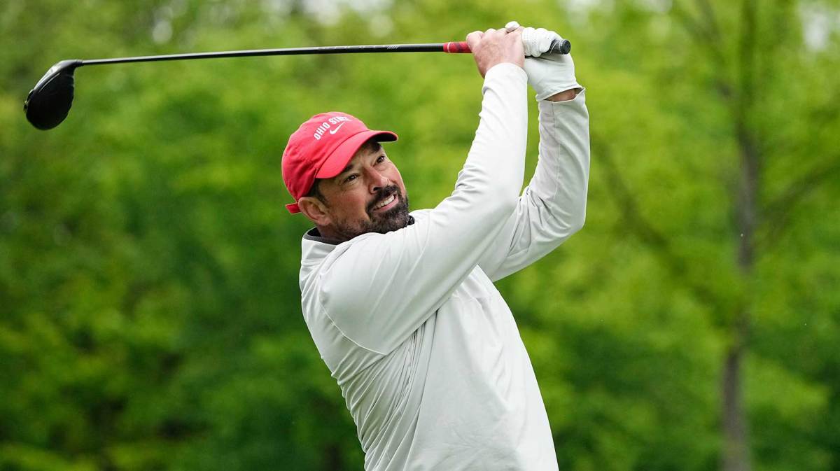 Ohio State Buckeyes football head coach Ryan Day tees off on No. 15 during the Workday Golden Bear Pro-Am at Muirfield Village Golf Club.