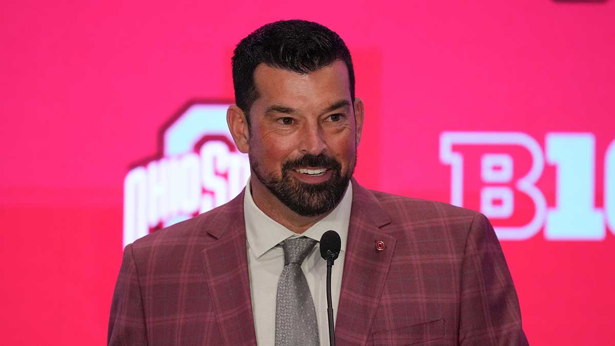 Ohio State head coach Ryan Day speaks to the media during the Big Ten NCAA college football media days at Mandalay Bay Resort.