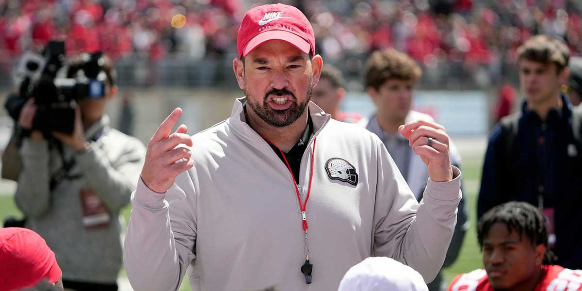 Ohio State Buckeye head coach Ryan Day addresses his team after the spring game at Ohio Stadium on April 12, 2025.