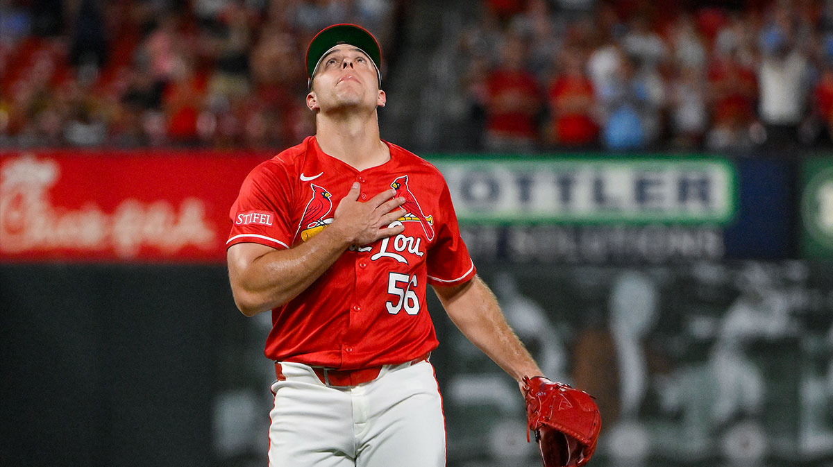 St. Louis Cardinals relief pitcher Ryan Helsley (56) reacts after the Cardinals defeated the San Diego Padres at Busch Stadium