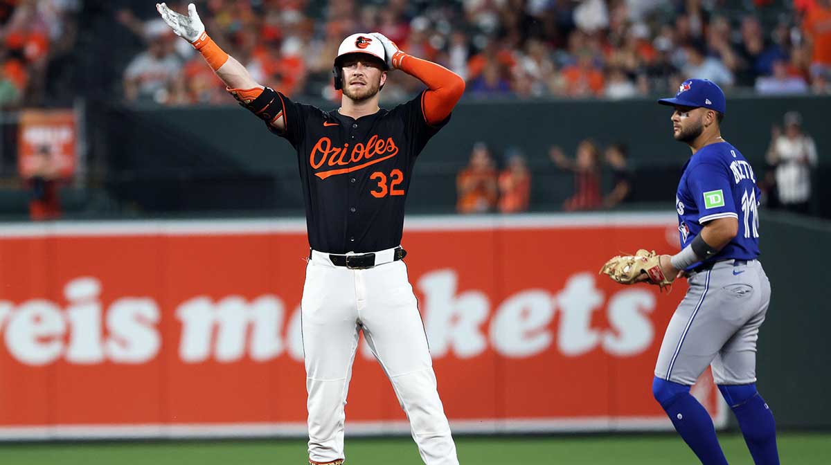 Baltimore Orioles first baseman Ryan O'Hearn (32) celebrates after hitting a double during the fifth inning against the Toronto Blue Jays at Oriole Park at Camden Yards.