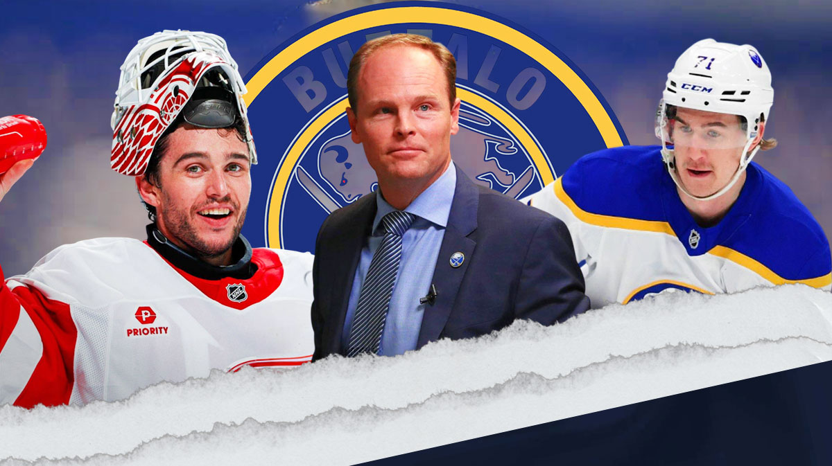 Kevyn Adams with Alex Lyon and Ryan McLeod on the sides. Sabres logo in the background. NHL offseason, NHL