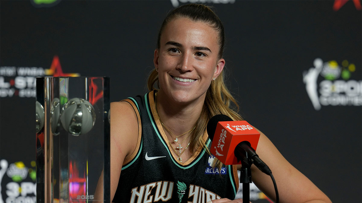 New York Liberty's Sabrina Ionescu (20) speaks Friday, July 18, 2025, during a press conference after the WNBA All-Star 3-point and skills contests at Gainbridge Fieldhouse in Indianapolis.