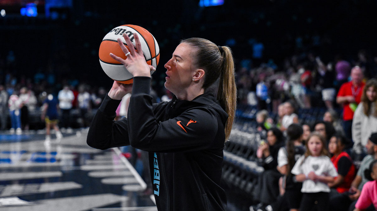 New York Liberty guard Sabrina Ionescu (20) warms up before a game against the Indiana Fever at Barclays Center.