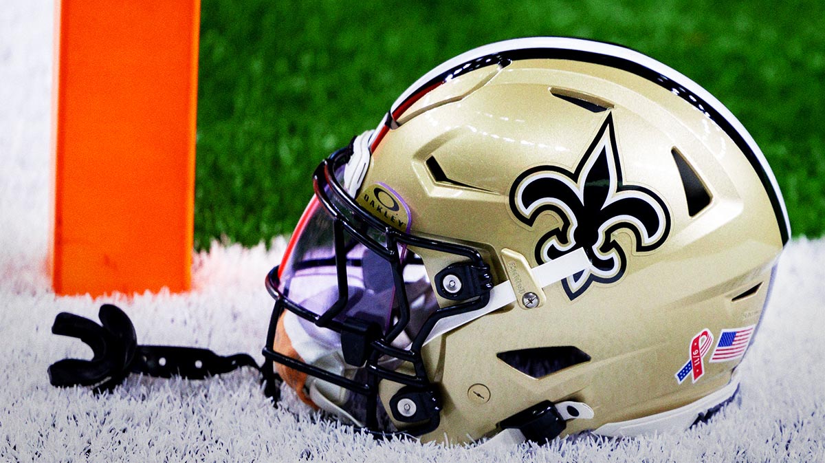Detailed view of the New Orleans Saints football helmet before the game against the Carolina Panthers during the pregame at Caesars Superdome.