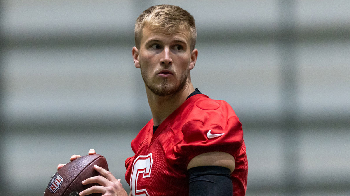 New Orleans Saints quarterback Tyler Shough (6) drops back to pass during rookie minicamp at Ochsner Sports Performance Center.