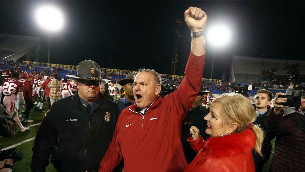 Arkansas Razorbacks head coach Sam Pittman reacts after defeating the Texas Tech Red Raiders at Simmons Bank Liberty Stadium.