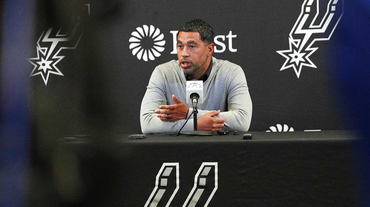 San Antonio Spurs general manager Brian Wright speaks with the media about the health and absence of head coach Gregg Popovich before a game against the Washington Wizards at Frost Bank Center.