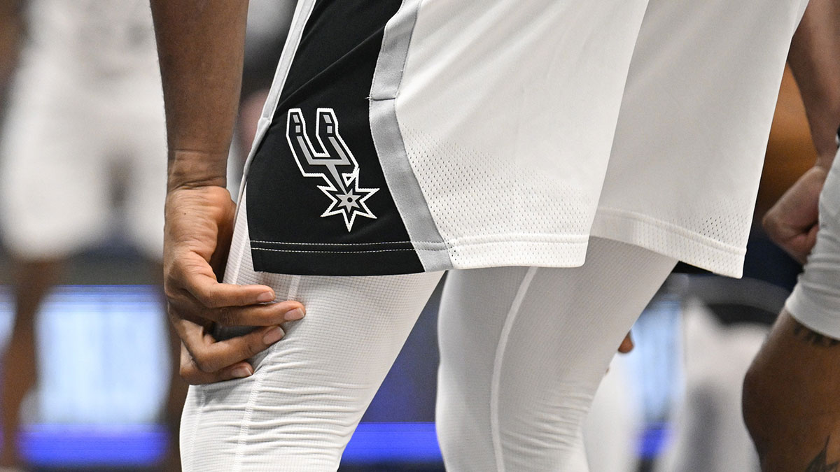 A view of the San Antonio Spurs logo during the game between the Dallas Mavericks and the San Antonio Spurs at the American Airlines Center.