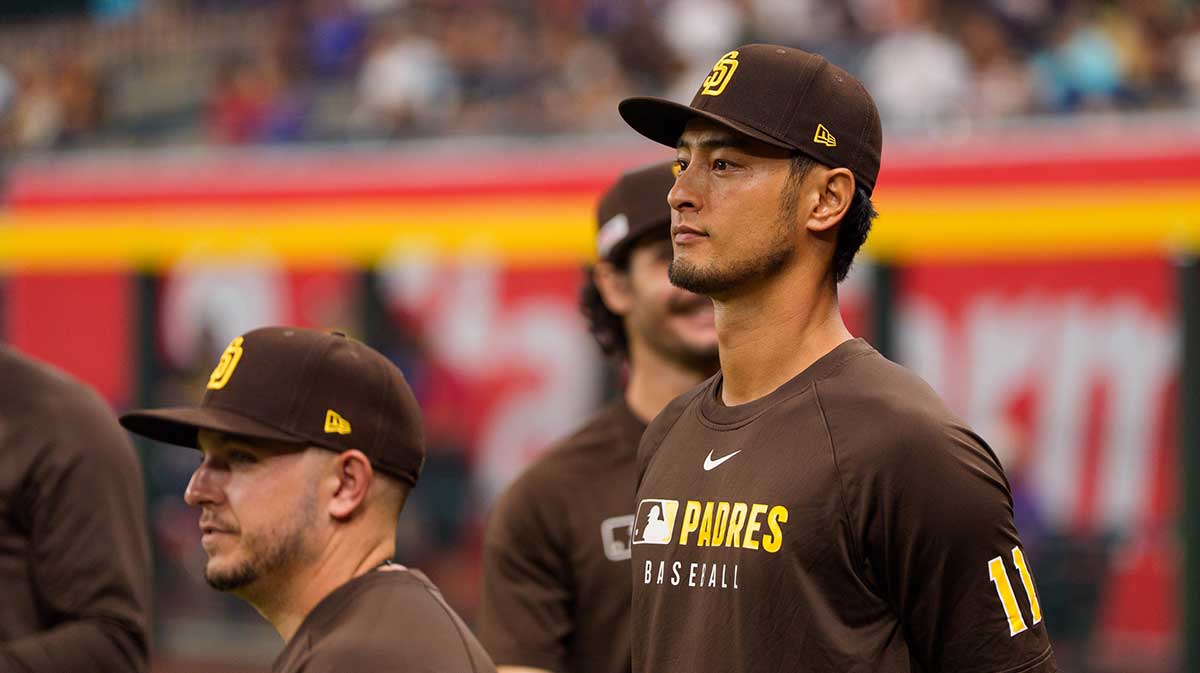 San Diego Padres pitcher Yu Darvish (11) watches before the start a game against the Arizona Diamondbacks at Chase Field.