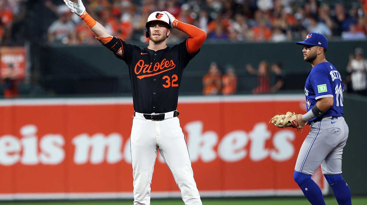 Baltimore Orioles first baseman Ryan O'Hearn (32) celebrates after hitting a double during the fifth inning against the Toronto Blue Jays at Oriole Park at Camden Yards.