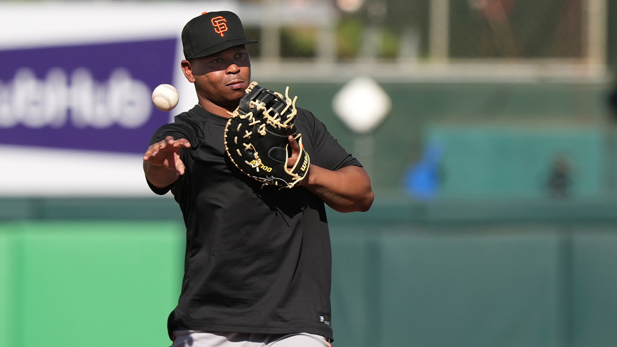 San Francisco Giants designated hitter Rafael Devers (16) warms up before the game against the Athletics at Sutter Health Park.