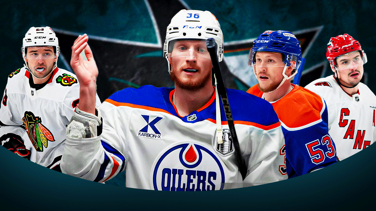 Dmitry Orlov, Jeff Skinner, John Klingberg, and Philipp Kurashev with the Sharks logo in the background, NHL Free Agency, Sharks free agency grade