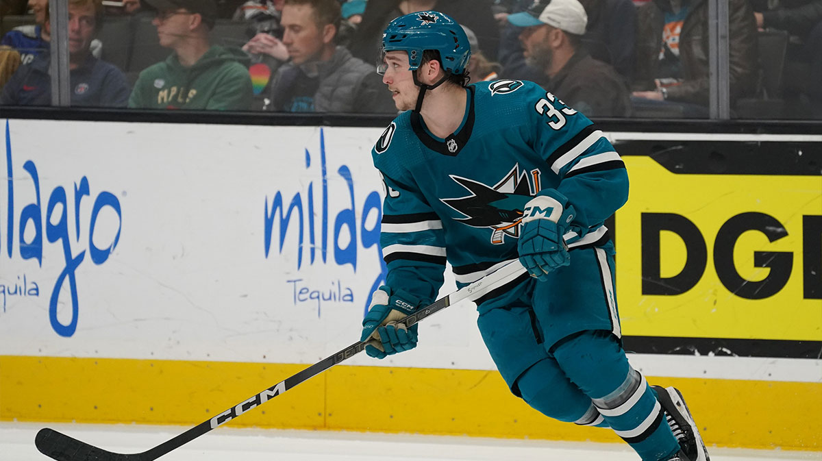 San Jose Sharks defenseman Calen Addison (33) controls the puck against the Minnesota Wild during the third period at SAP Center at San Jose.