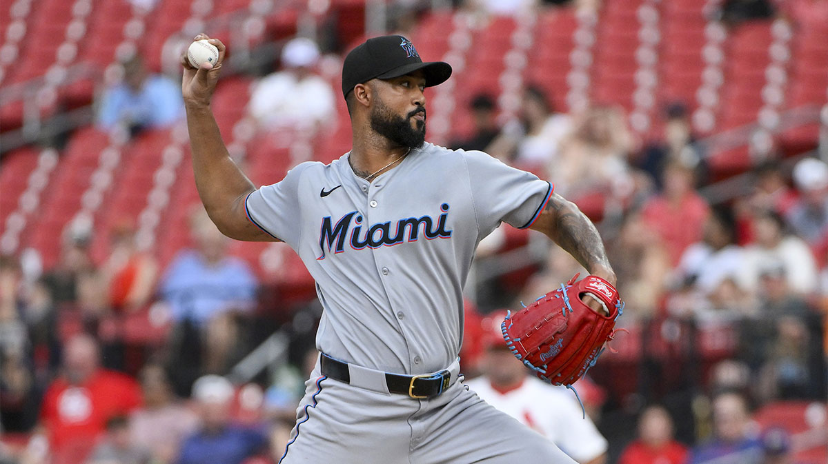 Miami Marlins starting pitcher Sandy Alcantara (22) pitches against the St. Louis Cardinals during the second inning at Busch Stadium.