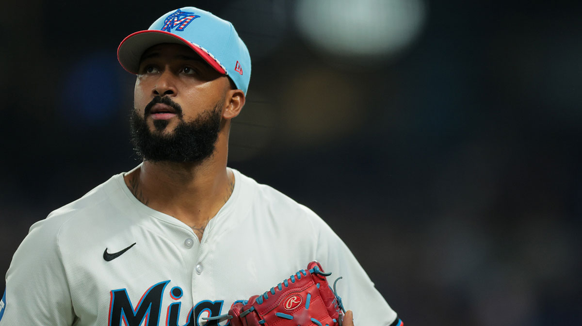 Miami Marlins starting pitcher Sandy Alcantara (22) looks on against the Milwaukee Brewers during the first inning at loanDepot Park.