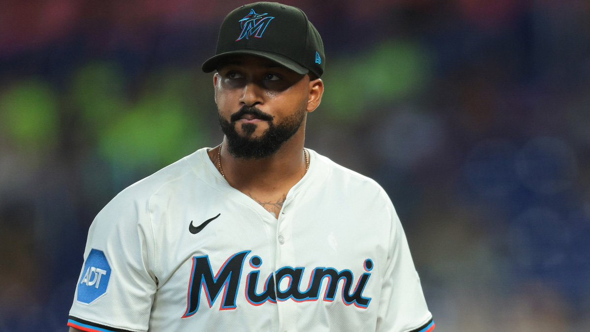 Miami Marlins starting pitcher Sandy Alcantara (22) looks on against the San Diego Padres during the first inning at loanDepot Park.