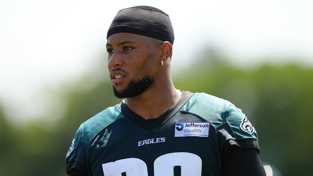 Philadelphia Eagles running back Saquon Barkley (26) looks on during training camp at NovaCare Complex.