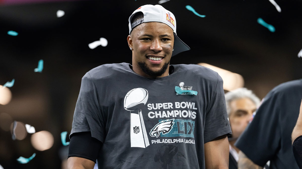 Philadelphia Eagles running back Saquon Barkley (26) celebrates after defeating the Kansas City Chiefs during Super Bowl LIX