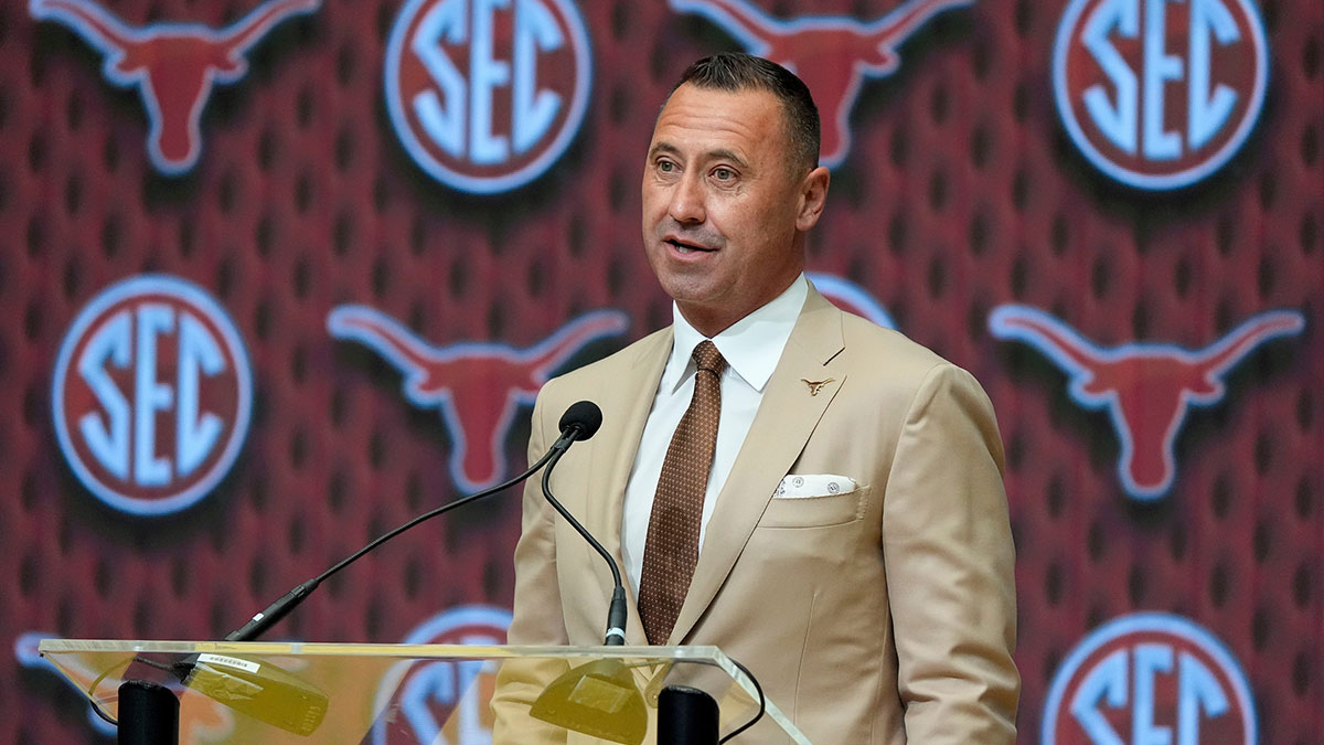 July 15, 2025; Atlanta, GA, USA; Texas head coach Steve Sarkisian speaks during SEC Media Days at the College Football Hall of Fame in Atlanta.